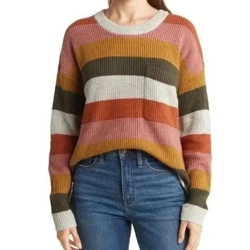 MADEWELL Striped Cotton Pocket Hi- Low Knit Pullover Sweater Cozy Casual Size M